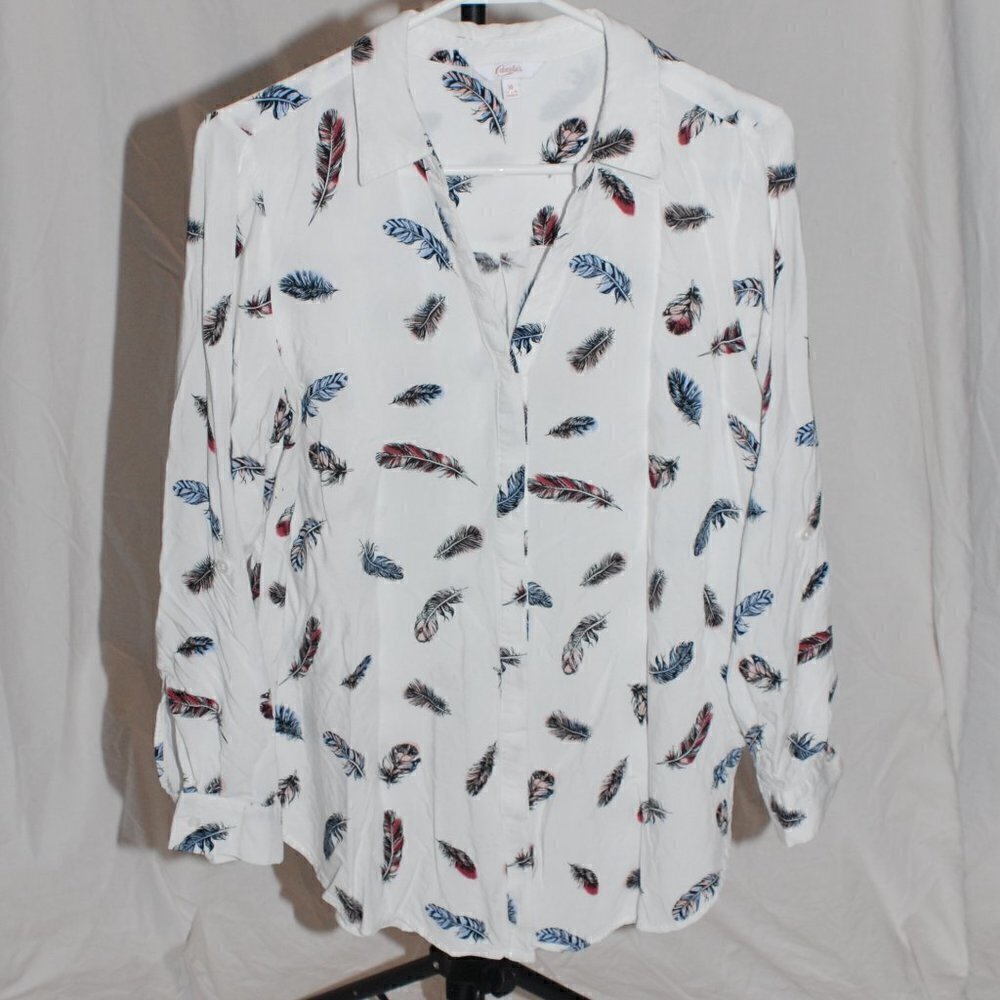 Candies Womens XL Feather Blouse Roll Tab Long Sleeve Hidden Button Down GUC